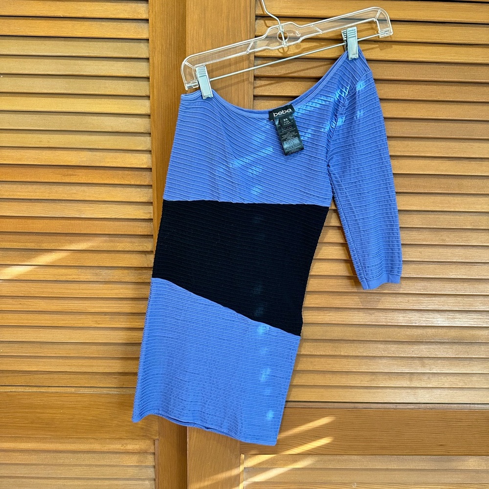 bebe Ribbed Knit One-Shoulder Dress in Periwinkle with Black Band